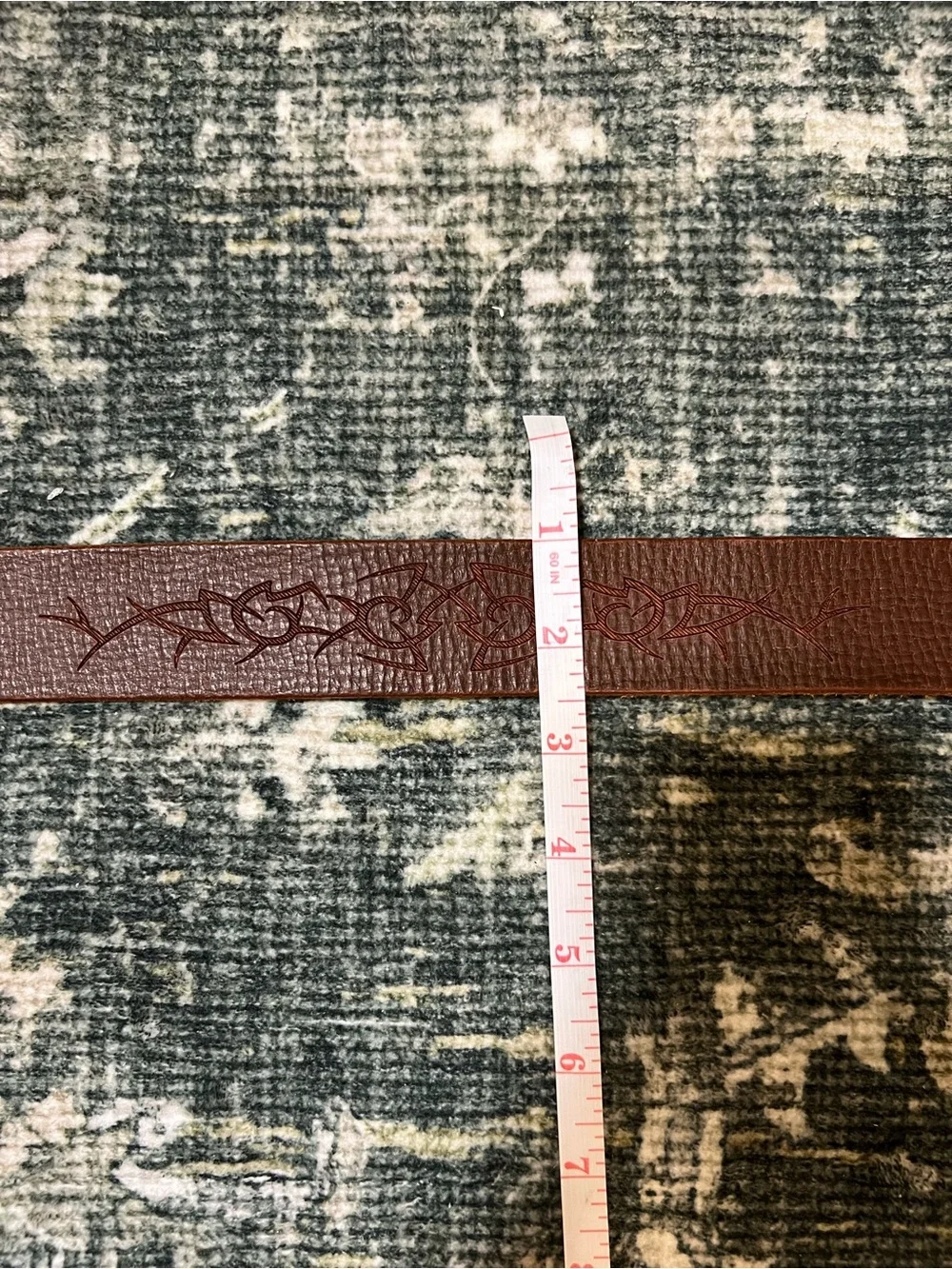 Vintage Leather Tribal Cross Laser Etched Belt Size 36 Made in USA Brown Y2K